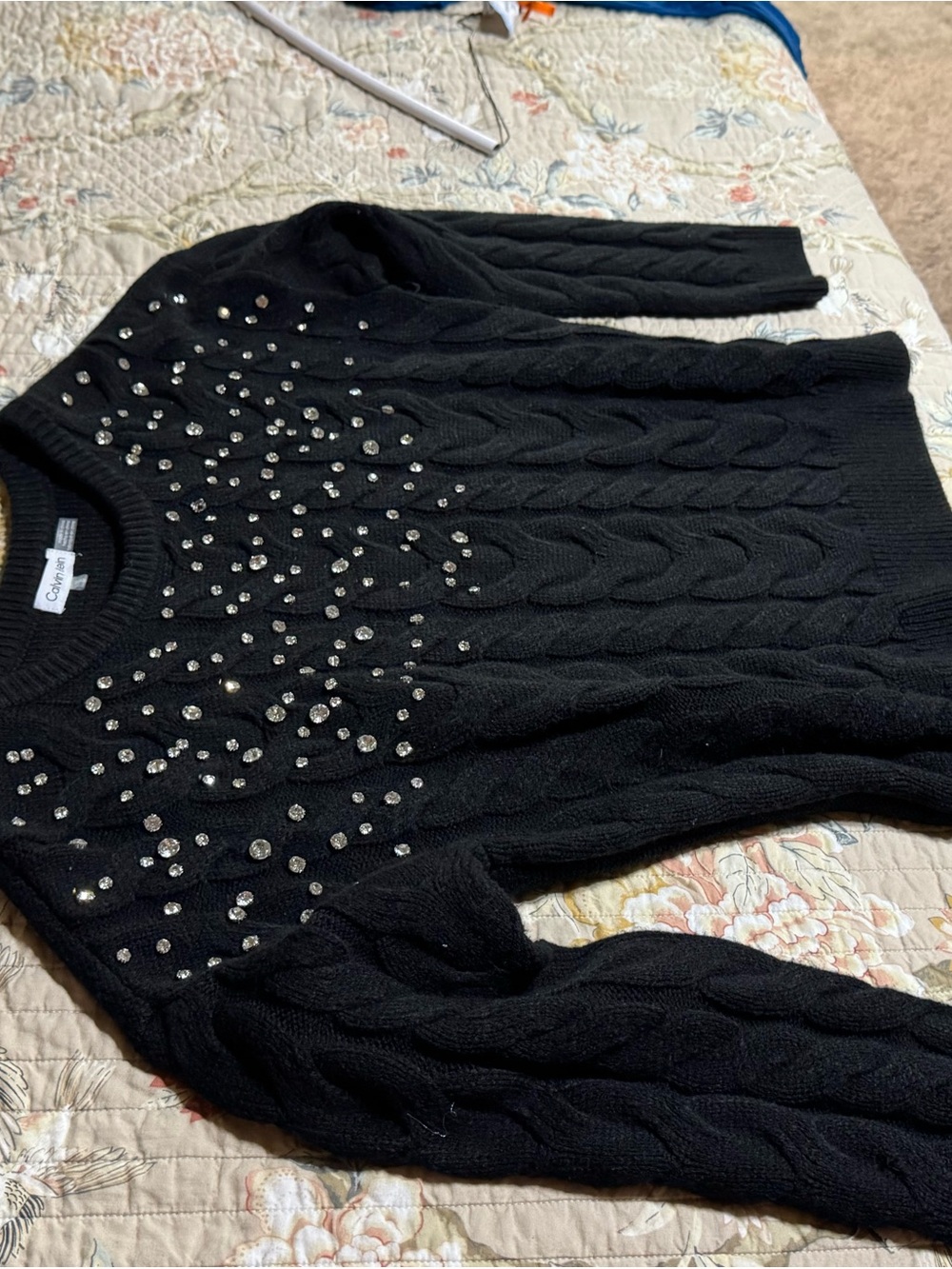 Calvin Klein Black Cable Knit Crewneck Sweater with Crystal Studs